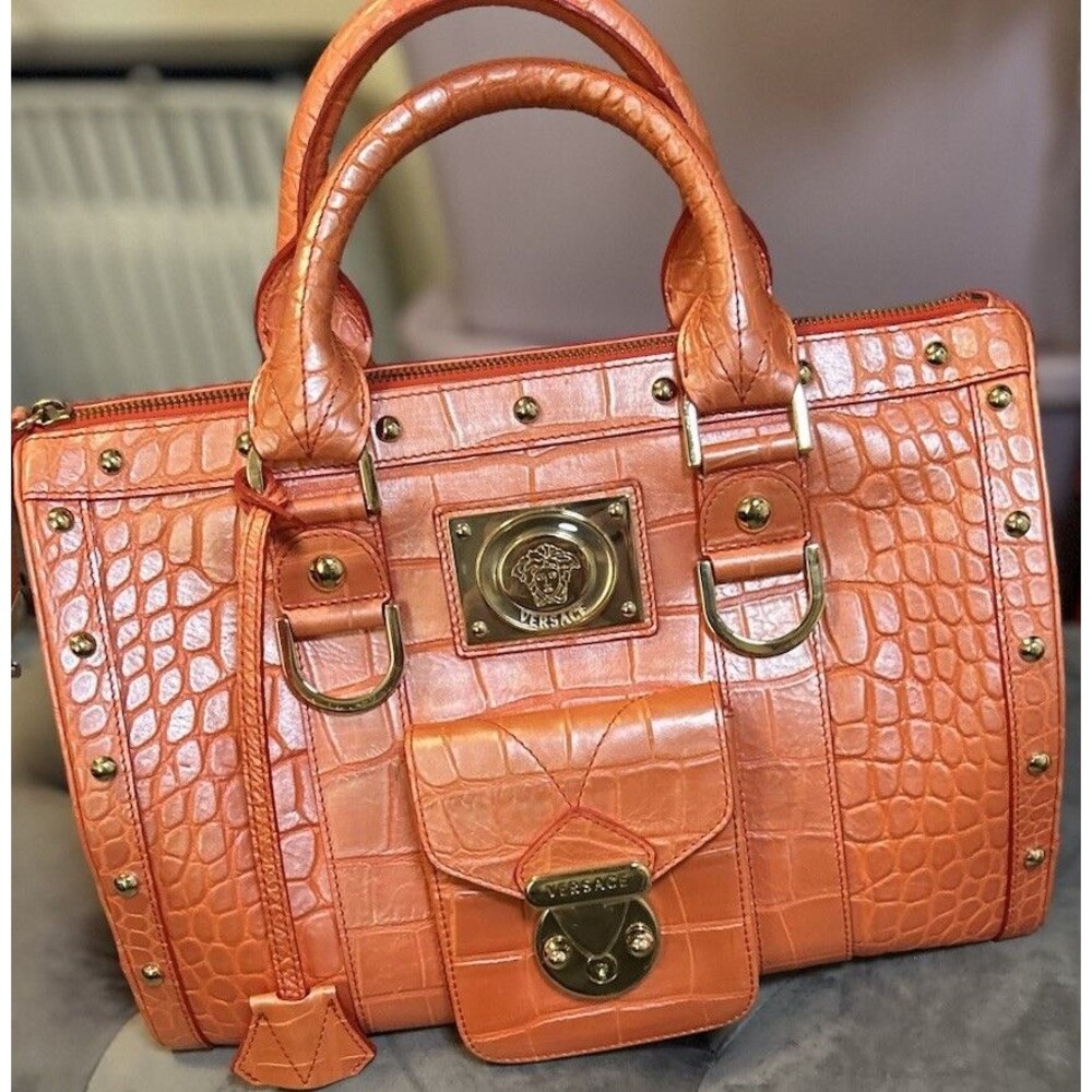 Vintage VERSACE Orange Croc Embossed Leather Medusa Face Rectangular